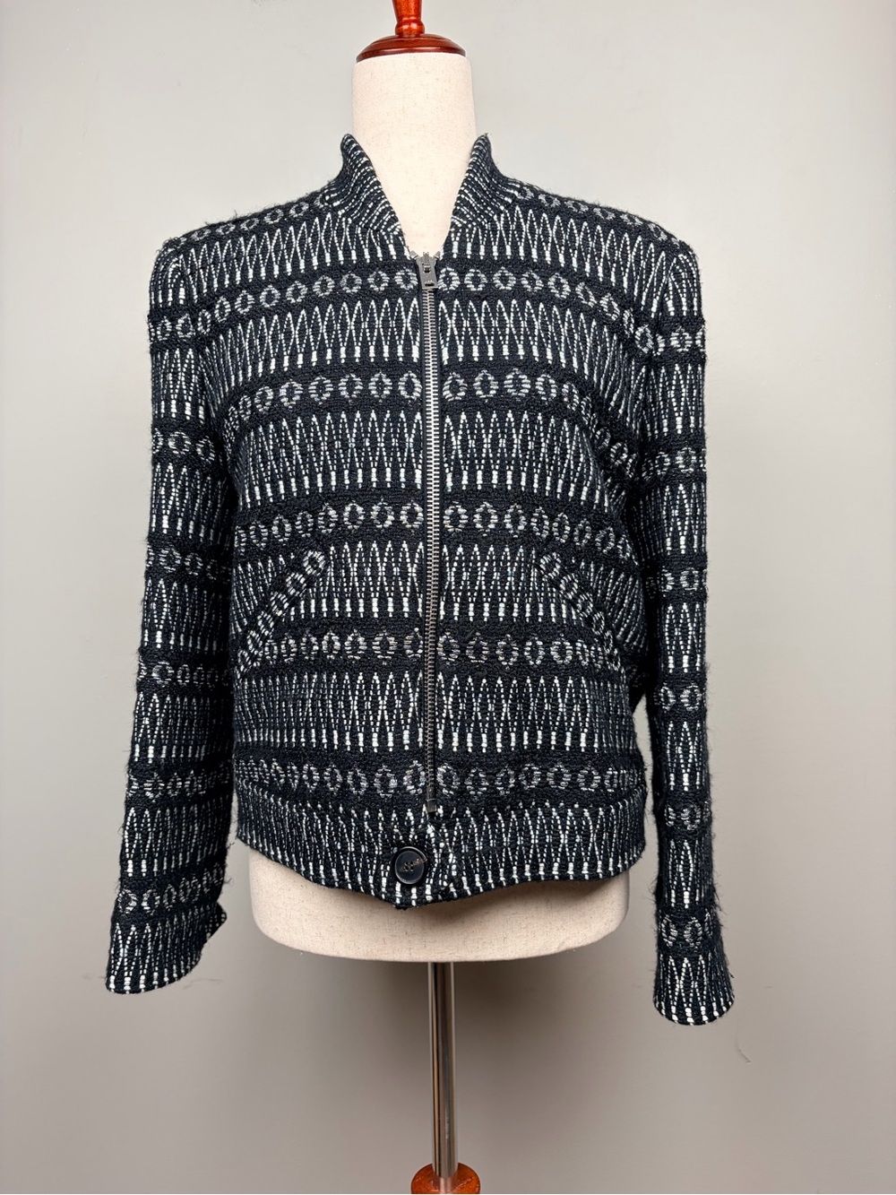 IRO Zalan Textured Tweed Moto Jacket Black White Zip Front Size 38